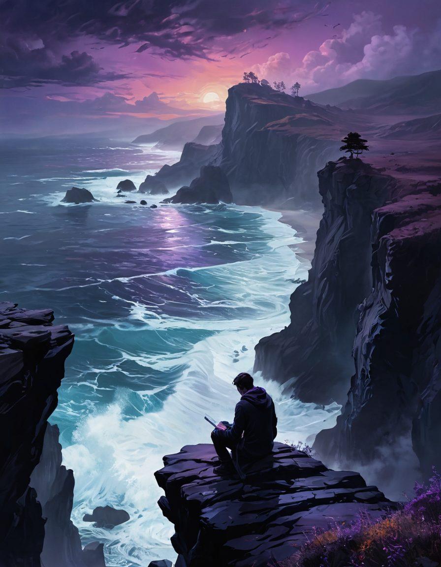 A moody landscape shrouded in twilight, with a mysterious figure sitting on a cliff overlooking a stormy sea, embodying introspection. Shadows play across a rugged terrain, dotted with creative tools like paintbrushes and journals. Ethereal wisps of dark mist swirl around, symbolizing the embrace of one's darker emotions. The sky is a mix of deep purples and blues, enhancing the atmosphere of creativity and self-discovery. digital painting. vibrant colors. fantasy style.
