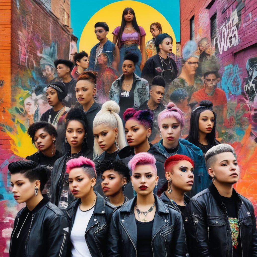 A vibrant collage depicting a diverse group of individuals in unique styles, representing various subcultures like punk, goth, and hip-hop, gathered in an urban setting with graffiti and art murals in the background. They are actively engaged in discussion and sharing ideas, symbolizing community and creativity. Bright colors and dynamic expressions enhance the atmosphere of inclusivity. super-realistic. vibrant colors. urban background.