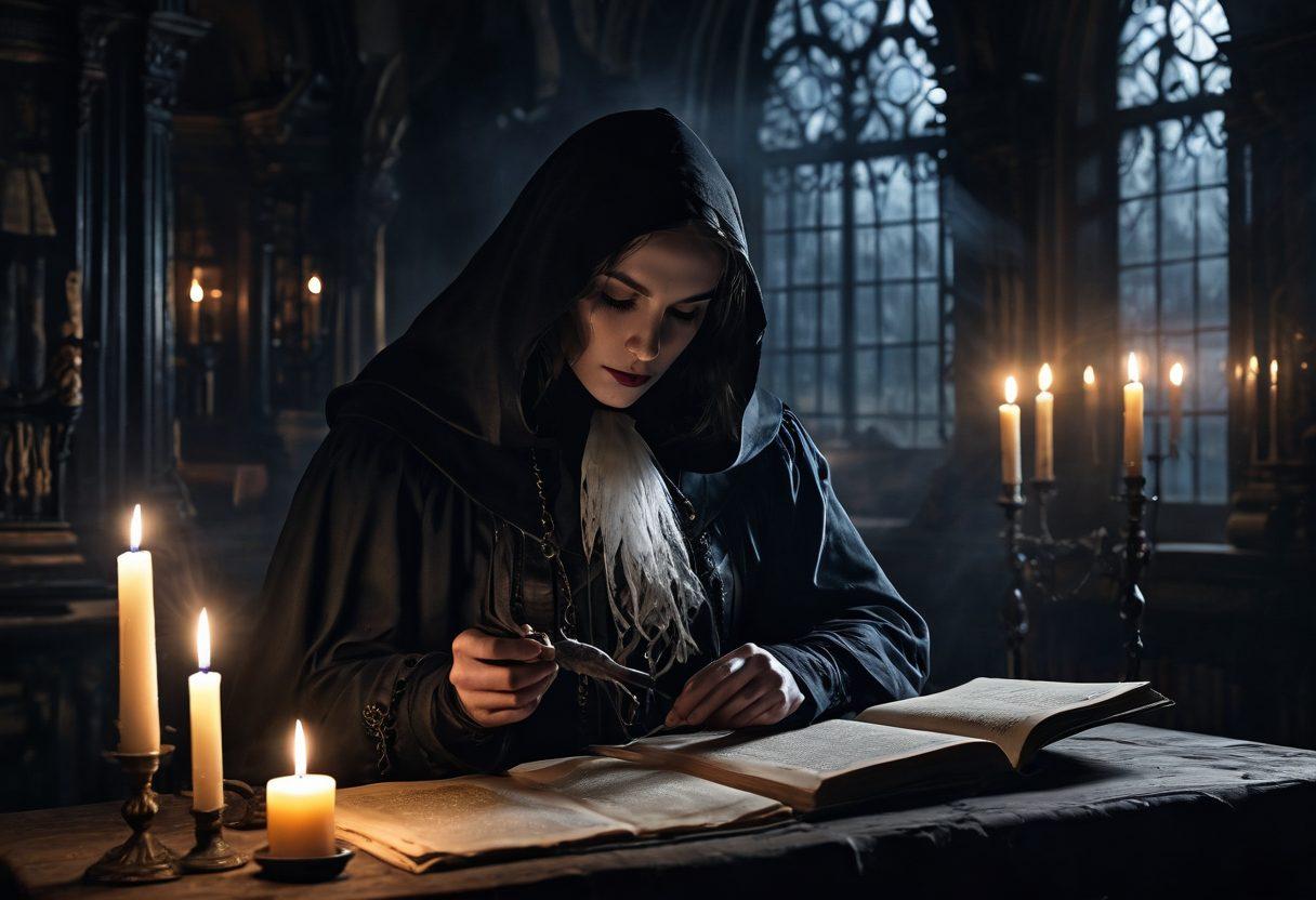 A shadowy figure holding a vintage quill, poised over an antique parchment, surrounded by floating ethereal wisps of light that illuminate dark, gothic architecture in the background. The atmosphere is dense with intrigue, blending mysterious elements like a tattered cloak, crumbling books, and flickering candles, symbolizing the journey from obscurity to prominence. dark aesthetic. super-realistic. vibrant colors.